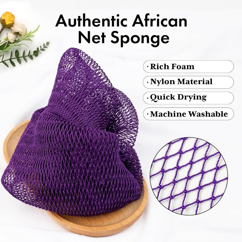 Bathway African Net Sponge Authentic 3 Pieces with Storage Bag, African Exfoliating Net Sponge Washcloth, Exfoliating Body Scrubber Bath Sponge Bathing Accessories (Rose, Purple, Bright Yellow) - Image 2